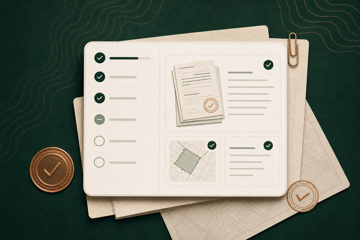 A complete Property Check workspace with property documents, checklist and verification stamps