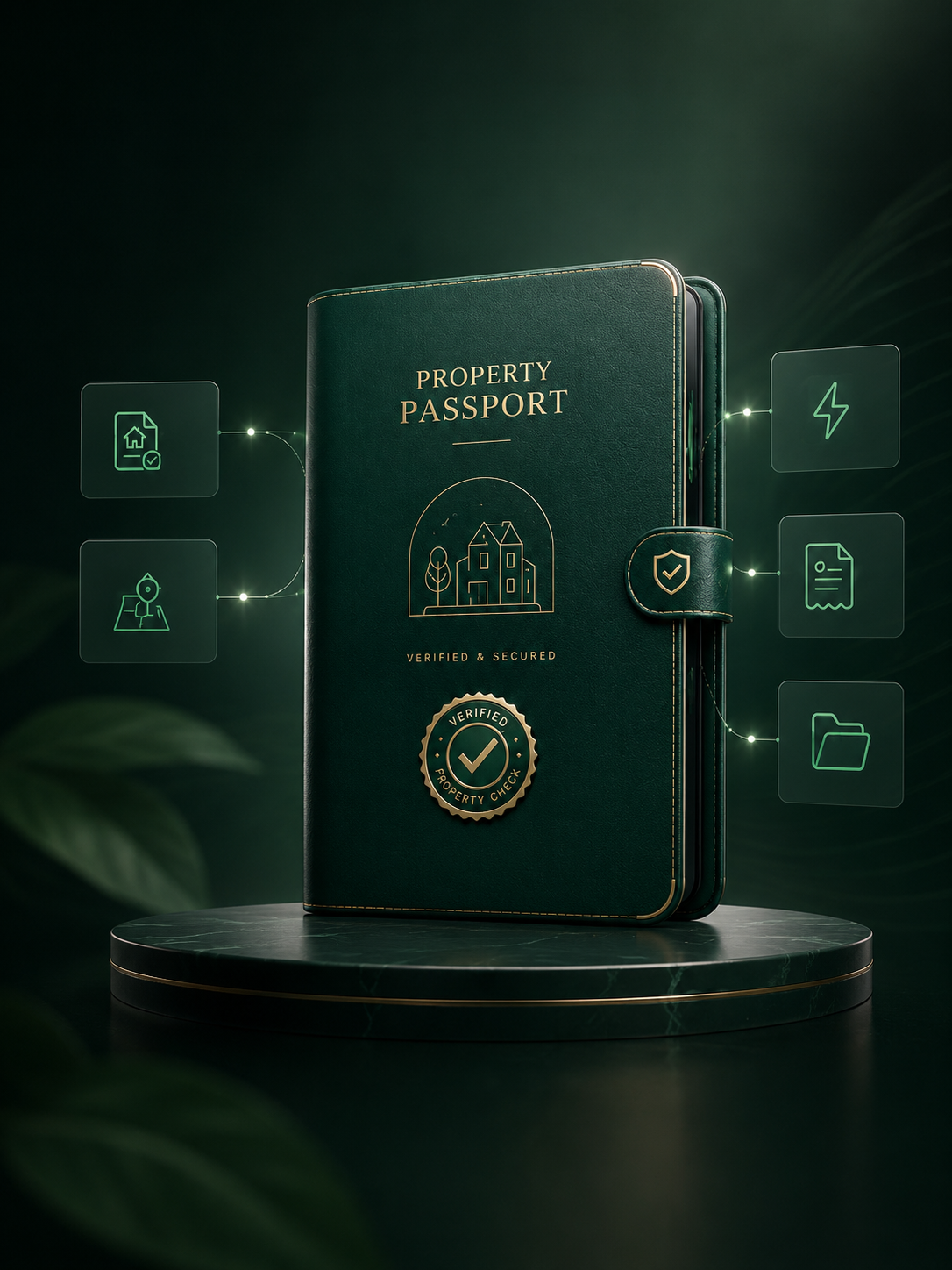 A premium dark-green Property Passport for a property purchase